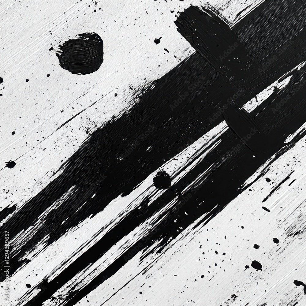 Poster dynamic monochrome abstract art with bold brushstrokes and splatter effect creating a striking visua