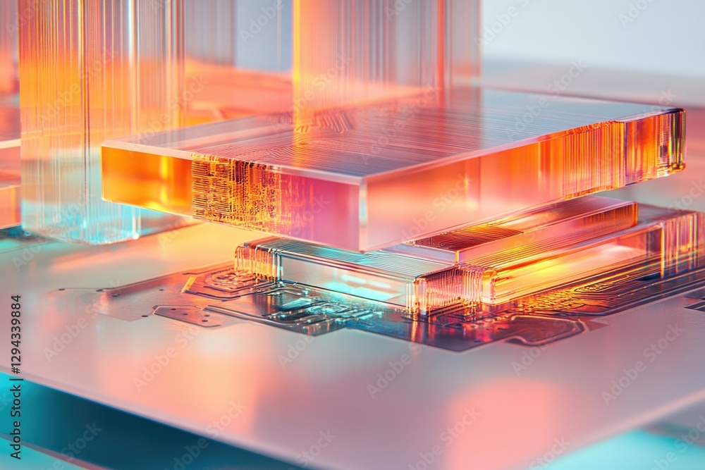 Poster abstract image of translucent orange and teal glass blocks stacked on a circuit board, glowing with 