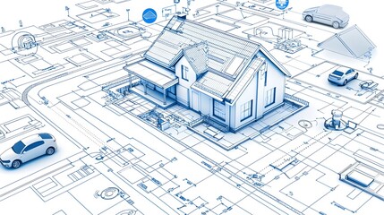 Hyper detailed 3D technical blueprint showcasing the innovative features of an off grid smart home including solar batteries AI driven waste management and self adjusting insulation