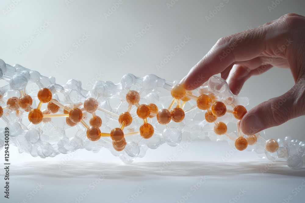 Poster a hand gently interacts with a molecular model, showcasing the intricacies of atomic bonds and struc