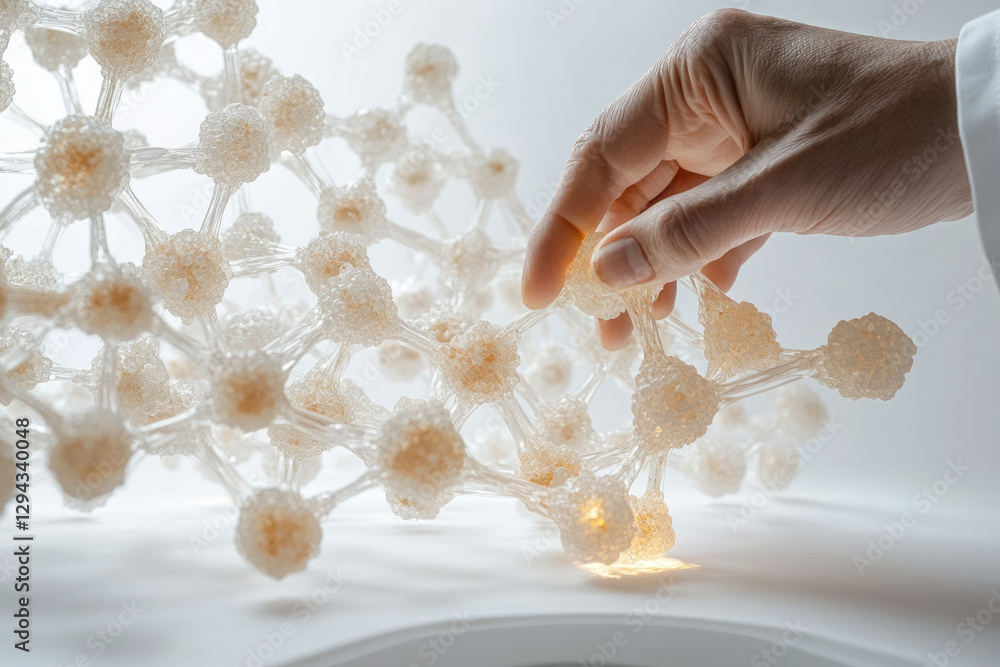 Poster a hand gently interacts with a 3d-printed molecular model, showcasing intricate connections.