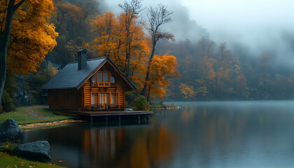 Fototapeta premium Idyllic Lake Cabin in Autumn Mist, A Serene Lakeside Retreat