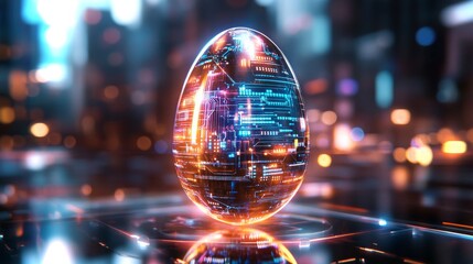 Digital egg illuminated by city lights in futuristic urban environment