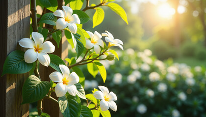 Fototapeta premium Frangipani flowers blooming on a wooden trellis in a sunlit garden