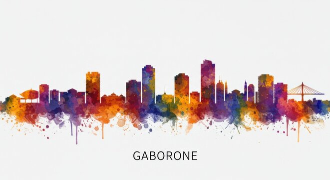 Vibrant gaborone city skyline in colorful watercolor splash on white background
