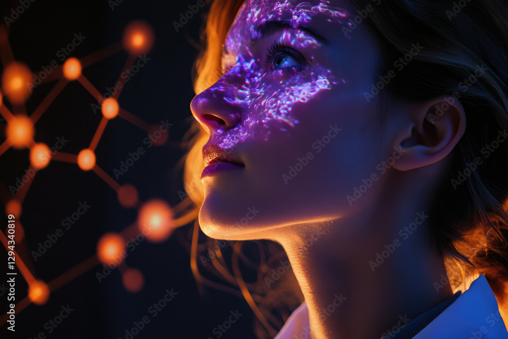 Poster a woman's face is illuminated by a projected pattern, creating a futuristic, ethereal effect.