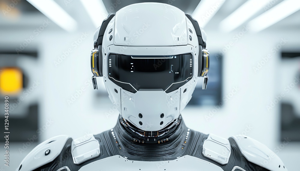 Poster futuristic robot design with sleek features and advanced technology elements.