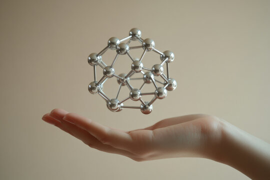 A metallic molecular model floats gently above an outstretched hand, symbolizing science and innovation.