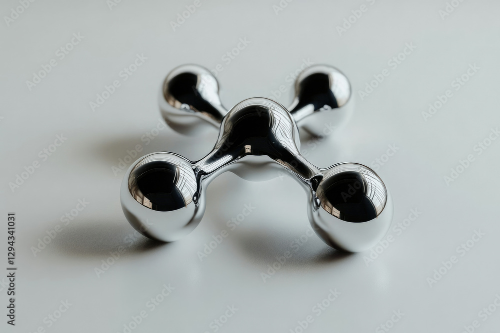 Poster a chrome molecular structure model, reflecting light, sits on a white surface.
