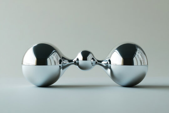 Abstract chrome sculpture with interconnected spheres, reflecting light and showcasing smooth, polished surfaces.