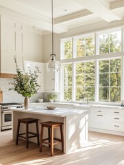 Fototapeta premium Beautiful modern kitchen with windows providing natural lighting and aesthetics