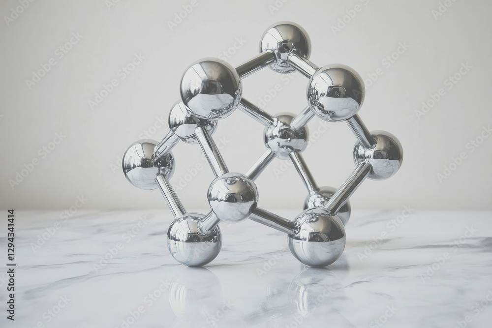 Poster a metallic model of a molecule, reflecting on a marble surface, representing interconnectedness and 