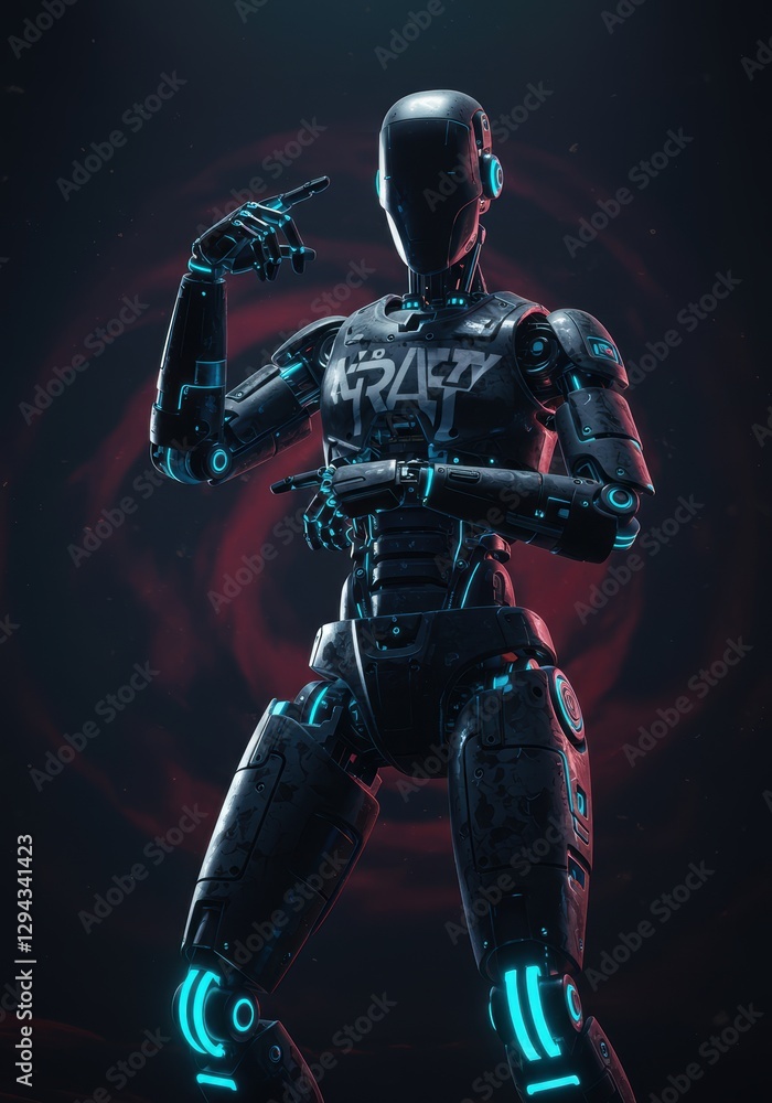 Poster futuristic robot with neon lights and graffiti design in dynamic pose