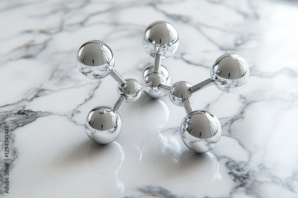 Poster A 3D model of a molecule rests on a marble surface, showcasing its metallic structure and reflective spheres.