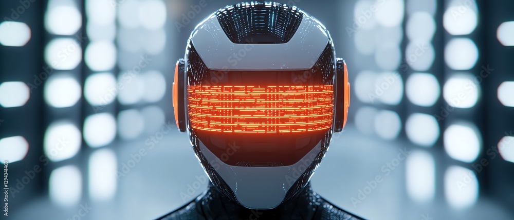 Poster futuristic robot head with glowing red interface in a modern setting.
