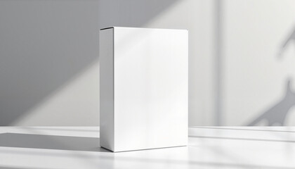 A tall white rectangular box mockup placed against a neutral background with soft shadows. Perfect for branding, packaging presentations, and minimalist product design.