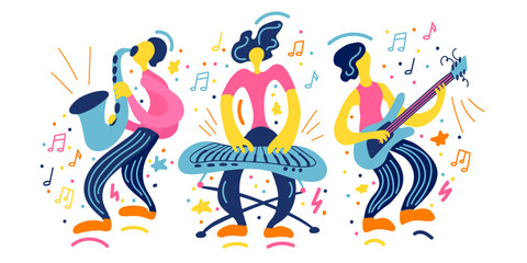 Vector flat illustration with doodle musicians. Music band plays their instruments. Bright color trendy design for print, textile, postcard, advertising, music festivals, musical groups