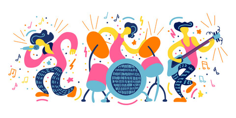 Vector flat illustration with doodle musicians. Music band plays their instruments. Bright color trendy design for print, textile, postcard, advertising, music festivals, musical groups