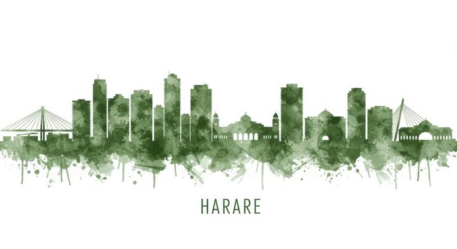Green watercolor silhouette of harare skyline with iconic landmarks