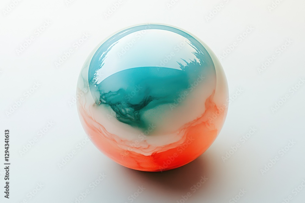 Poster a glossy sphere with teal, white, and coral abstract swirls, creating a mesmerizing visual effect.