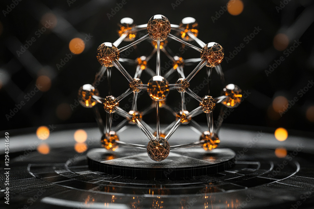 Poster A 3D model of a molecule with glowing nodes, representing connection and network.
