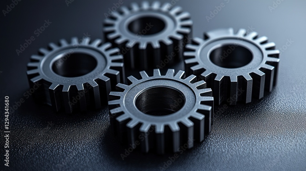 Poster interlocking gears on dark surface; teamwork, process, mechanism