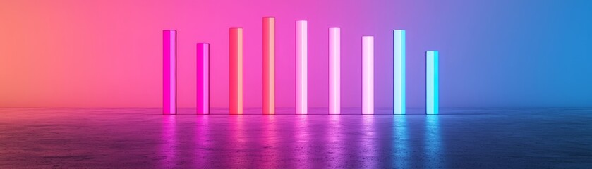 A vibrant display of glowing vertical bars in gradient colors, reflecting on a smooth surface, creating a dynamic and modern atmosphere.