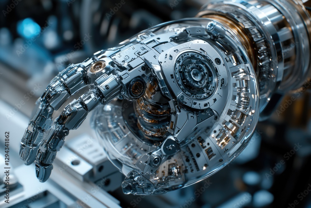 Poster a close-up view of a highly detailed robotic hand, showcasing intricate mechanical components and po