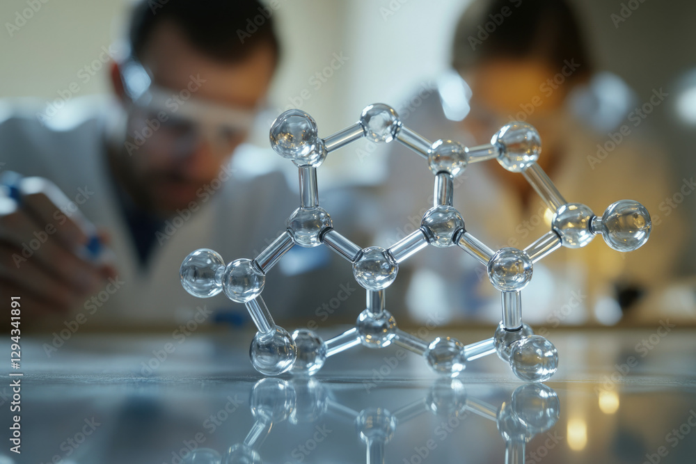 Poster A glass molecular model sits on a table in a lab, with blurred scientists working in the background.