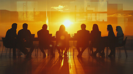 Sunlit group of business people having round table discussion. Board of directors corporate structure governance. Business people meeting discussion silhouette at sunset