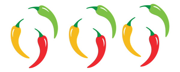 Spicy chili icon vector set, red, yellow and green chili icons vector set, red hot chili pepper icon isolated on white background.