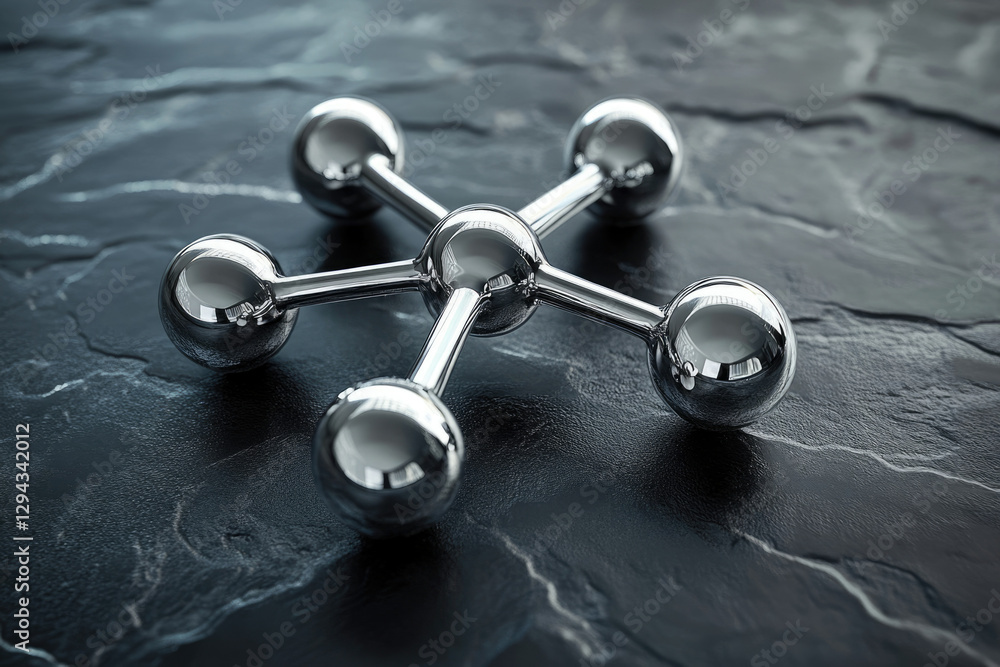 Poster a chrome model of a molecule rests on a dark surface, showcasing its symmetrical structure and refle