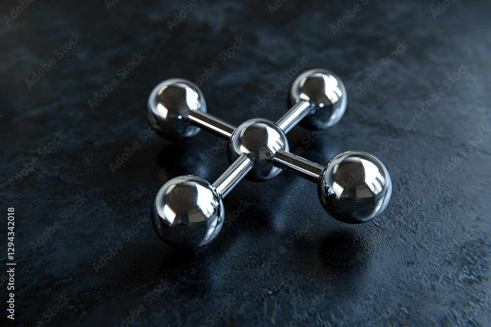 Poster a chrome molecular model rests on a dark surface, showcasing its metallic structure and reflective s