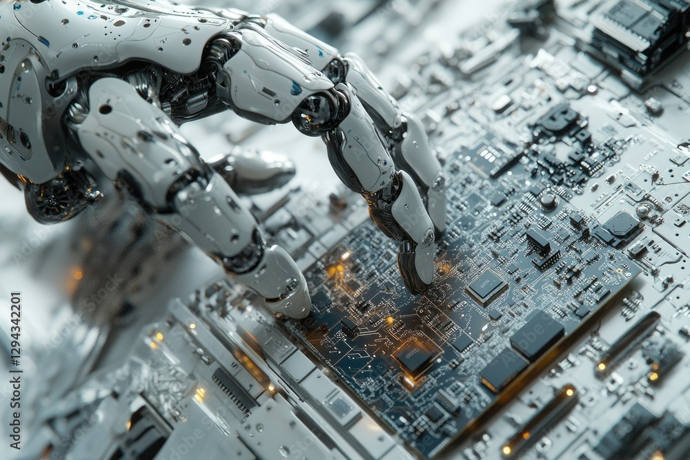 Poster a robotic hand delicately interacts with a complex circuit board, showcasing advanced technology and