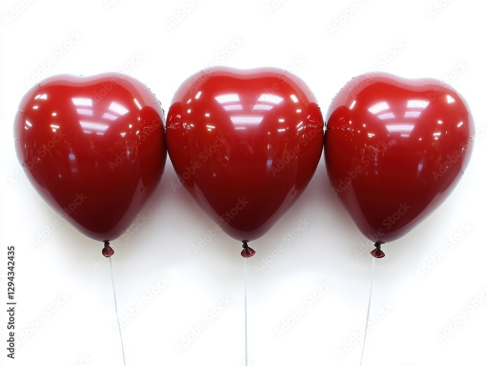 Poster three heart shaped red balloons floating against a clean white background creating a romantic and fe