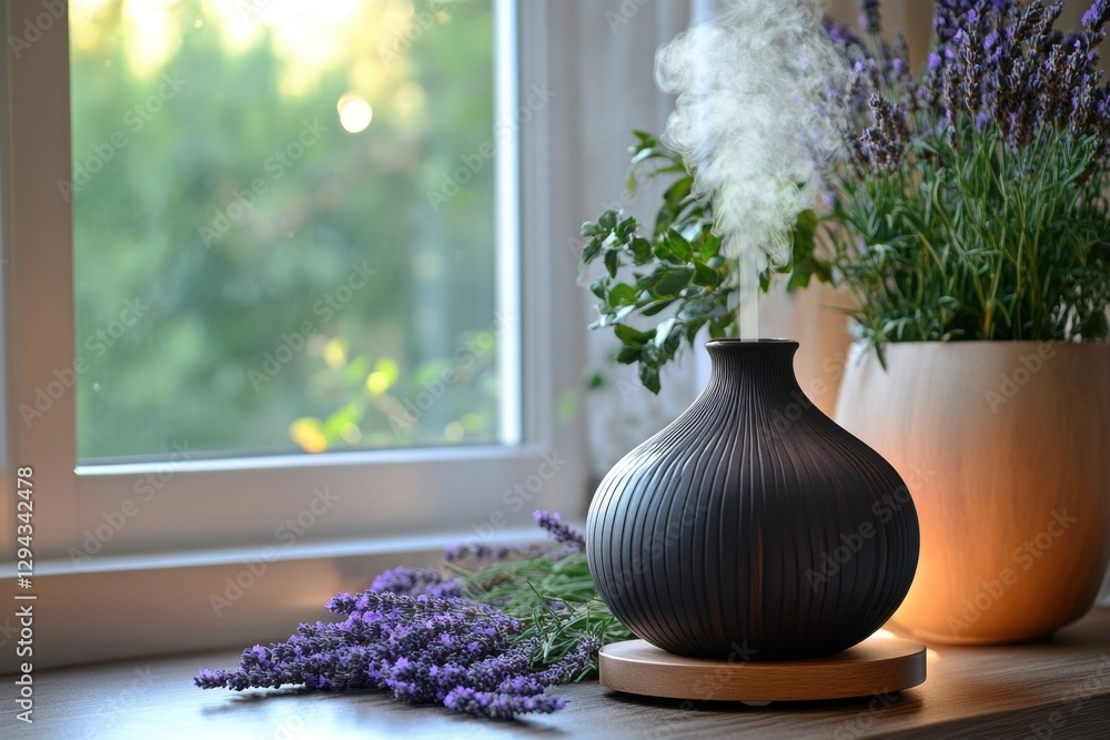 Poster serene aromatherapy diffuser releasing calming mist near lavender and lush greenery by a bright wind
