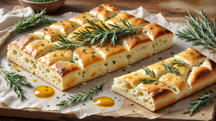 Freshly baked focaccia bread topped with rosemary on a rustic table, emphasizing eco-friendly farm products
