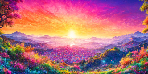 Vibrant Sunrise Over a Mountain Village.