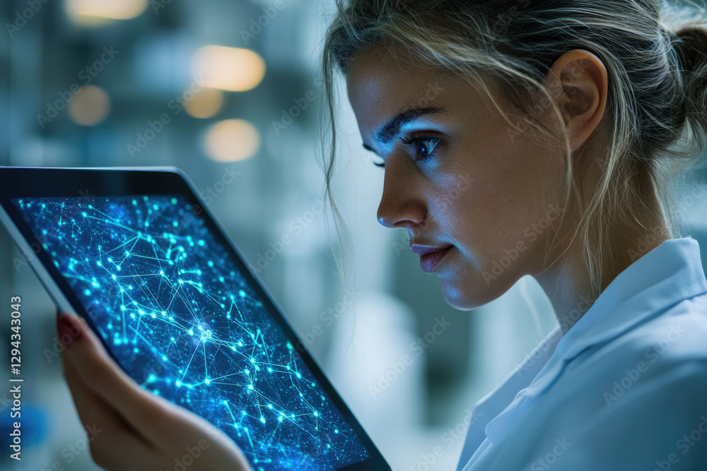 Poster A female scientist intently studies a tablet displaying a complex network of interconnected nodes, representing data analysis or connectivity.