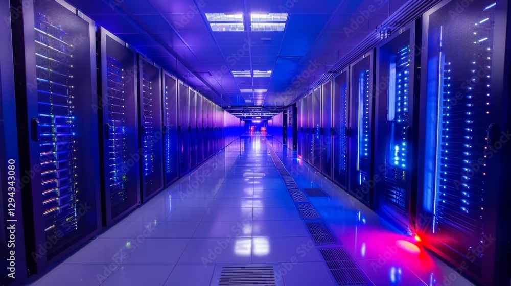 Poster A corridor in a modern data center features rows of illuminated server racks with vibrant blue lights. The sleek design emphasizes efficiency and cutting edge technology.