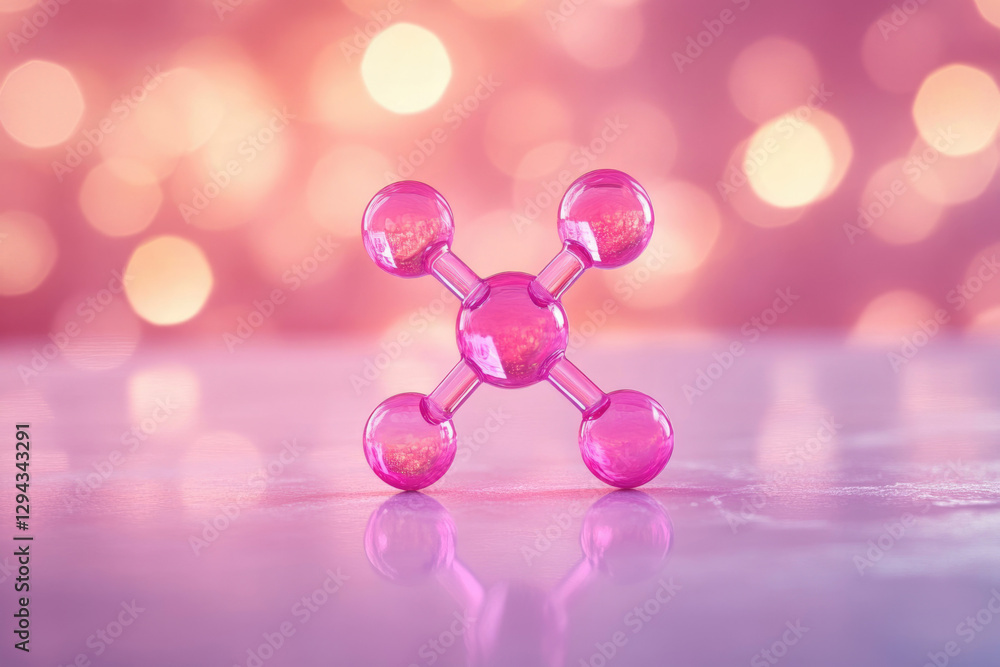 Poster pink molecule model with five spheres interconnected, reflecting on a shiny surface against a bokeh 