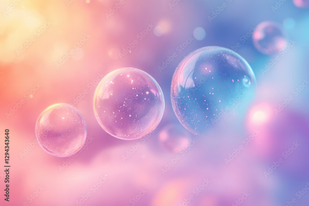 Poster three translucent spheres float in a pastel-colored dreamy background, sparkling with inner light.