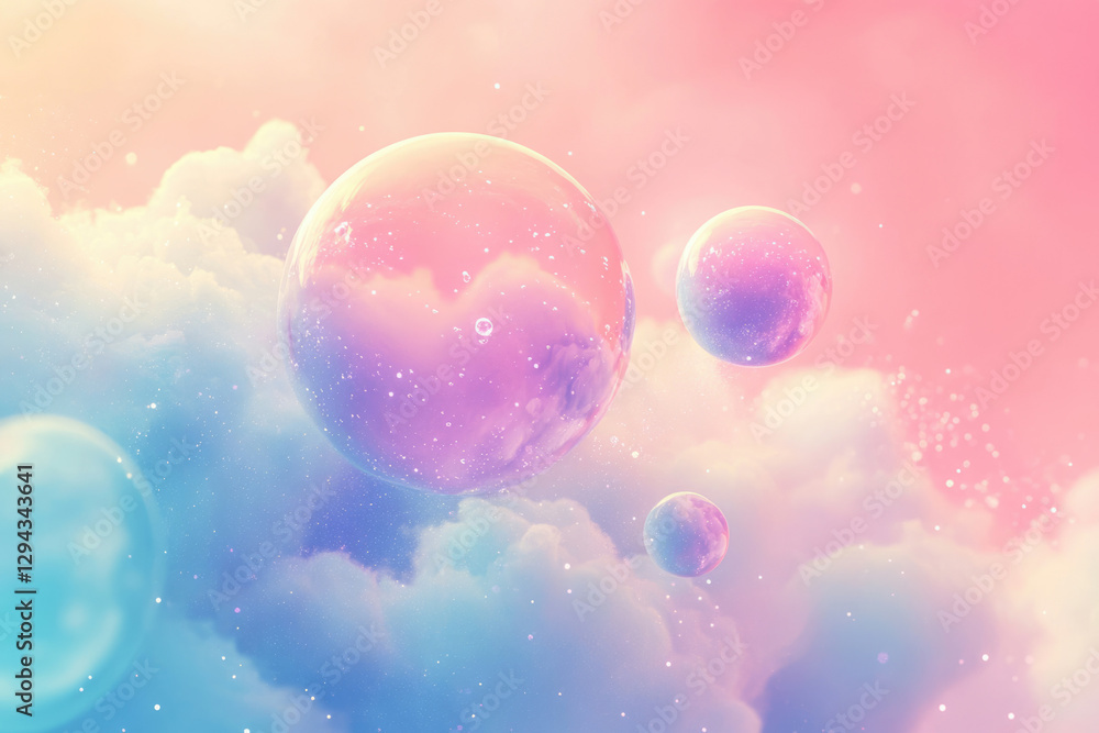 Poster pastel-colored spheres float amidst dreamy clouds, creating a whimsical, ethereal scene.