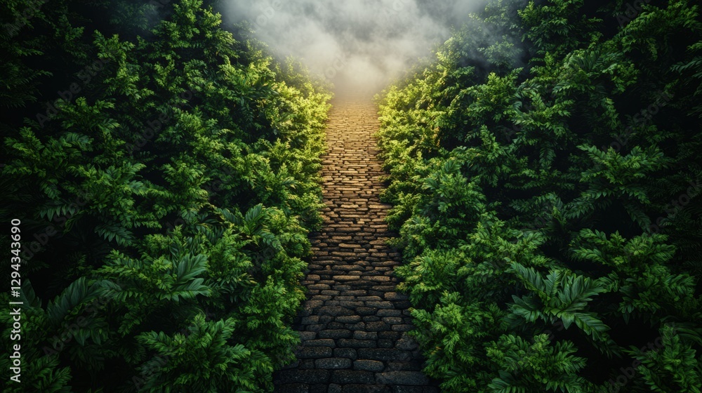 Poster path through a forest illuminated by light with surreal fog creating a mystical atmosphere