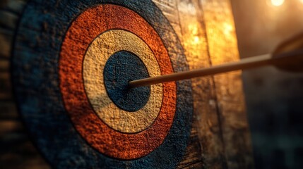 Arrow hitting bullseye on rustic target in dimly lit room