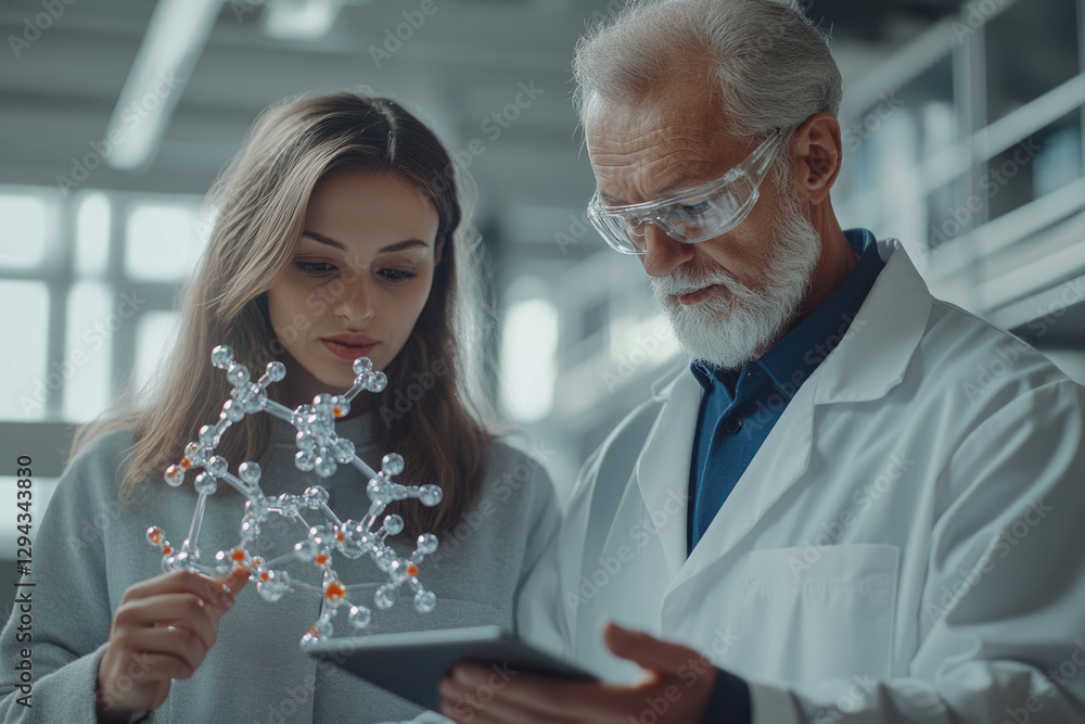 Poster a senior and junior scientist collaborate, examining a molecular model and using a tablet for resear