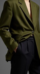 Elegant olive green blazer on model against gray background showcasing modern fashion style