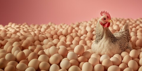 Graceful light chicken sitting surrounded by a huge number of brown eggs on a uniform pink background