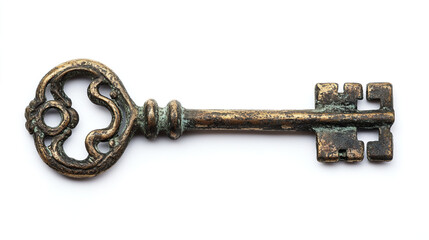 Antique key on white background, evoking mystery and history