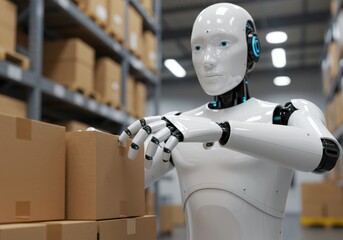 Humanoid robot testing virtual reality gadgets in a modern tech lab